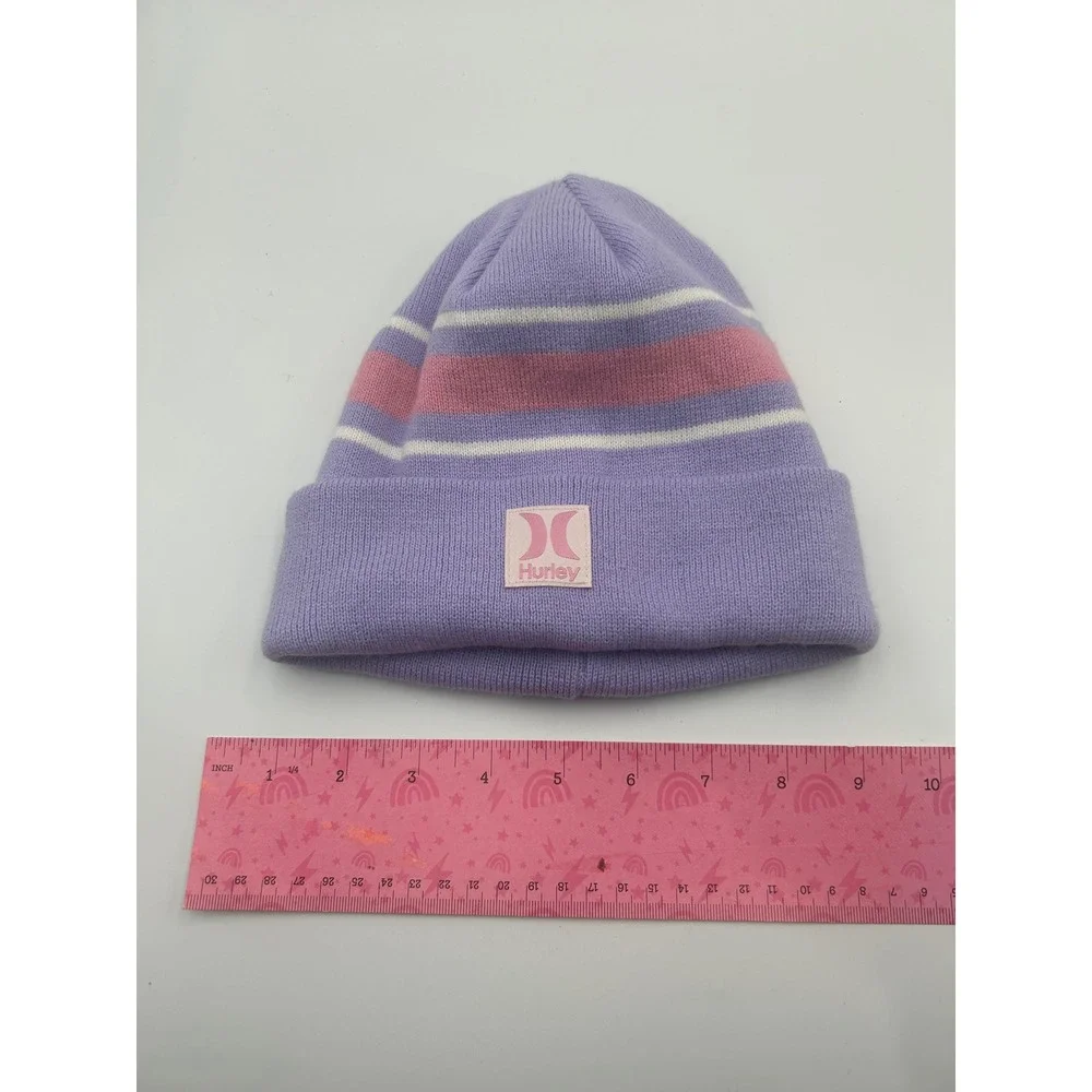 Hurley Youth Beanie Purple Pink White Striped Knit Winter Hat Logo Patch B964